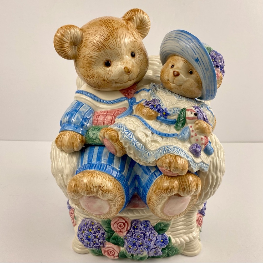 Fitz & Floyd Hydrangea Bears Cookie Jar 1993, Mama Baby Teddy Wicker Chair